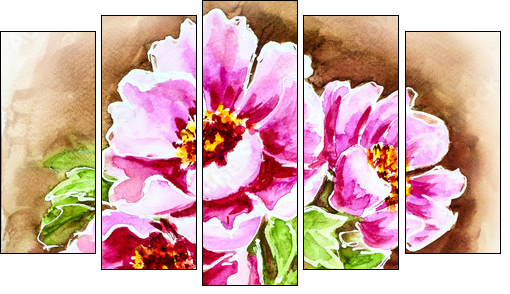 Painted watercolor card with peony flowers - Five-piece canvas print, Pentaptych