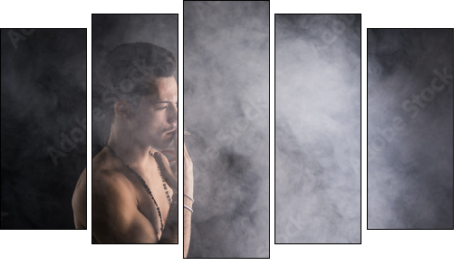Shirtless young man smoking cigarette with a lot of smoke around - Five-piece canvas print, Pentaptych