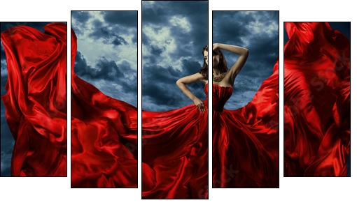 Woman in red evening dress, waving gown with flying long fabric - Five-piece canvas print, Pentaptych