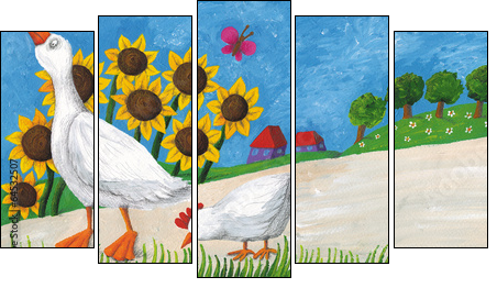Goose with hen on village way - Five-piece canvas print, Pentaptych