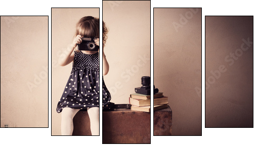 little girl with retro camera on  suitcase indoor - Five-piece canvas print, Pentaptych