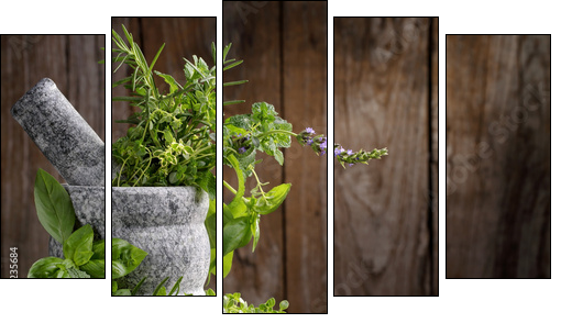 herbs in mortar - Five-piece canvas print, Pentaptych