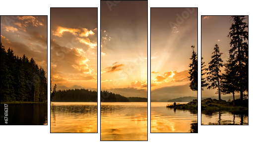 Mountain lake at down - Five-piece canvas print, Pentaptych