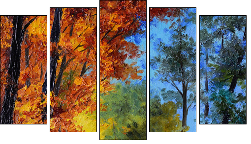 Oil Painting - autumn forest with a river - Five-piece canvas print, Pentaptych