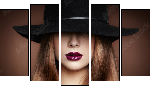 Fashion photo of young magnificent woman in hat. Girl posing - Five-piece canvas print, Pentaptych