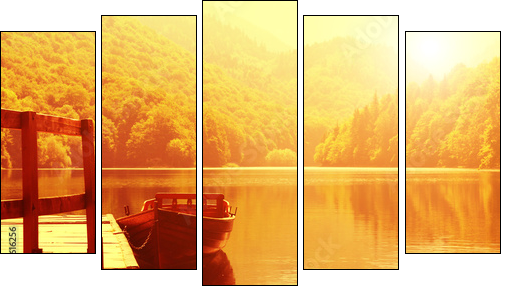 Wooden boat at pier on mountain lake - Five-piece canvas print, Pentaptych