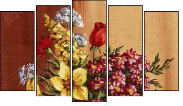 Painting, garden flowers in a clay amphora - Five-piece canvas print, Pentaptych