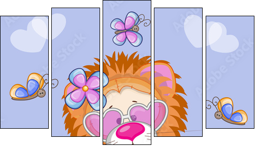 Lion with flowers - Five-piece canvas print, Pentaptych