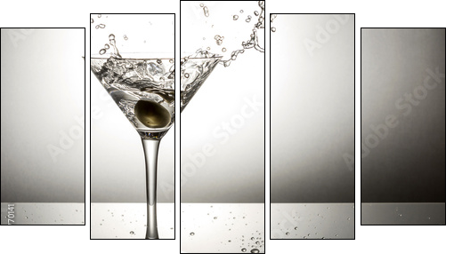 Olive splashing on martini - Five-piece canvas print, Pentaptych