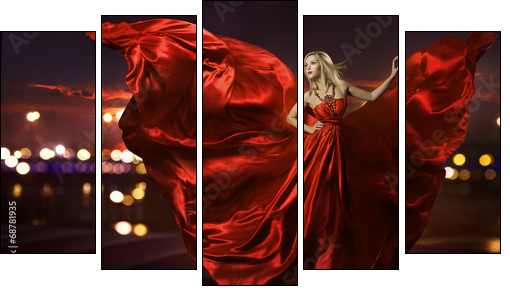 woman dancing in silk dress, artistic red blowing gown waving - Five-piece canvas print, Pentaptych