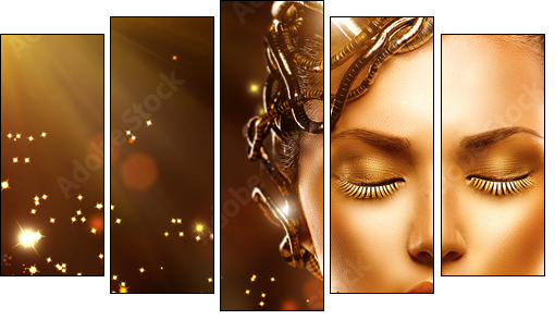 Model girl face with gold skin, nails, make-up and accessories - Five-piece canvas print, Pentaptych