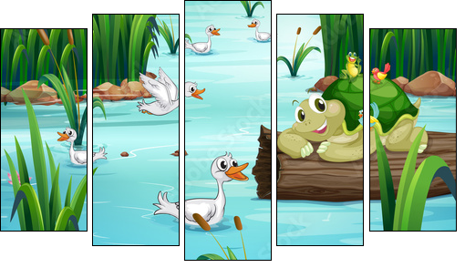 Animals and pond - Five-piece canvas print, Pentaptych