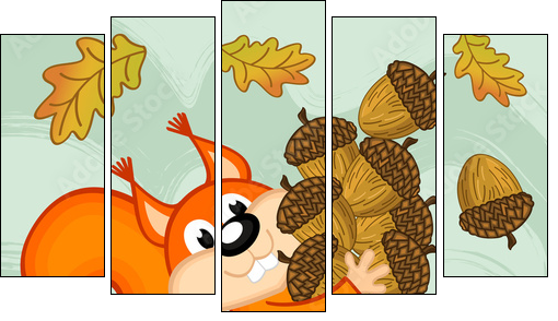 squirrel gathers acorns - vector illustration, eps - Five-piece canvas print, Pentaptych