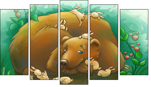 kind bear with the little rabbits - Five-piece canvas print, Pentaptych