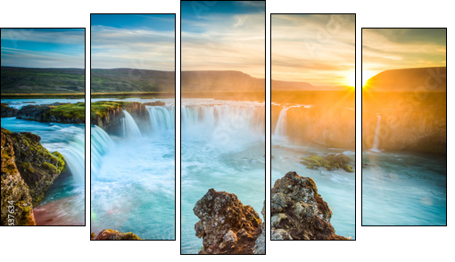 Iceland, Godafoss at sunset, beautiful waterfall, long exposure - Five-piece canvas print, Pentaptych