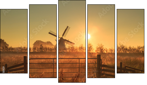 Fence and windmill in the Dutch countryside. - Five-piece canvas print, Pentaptych