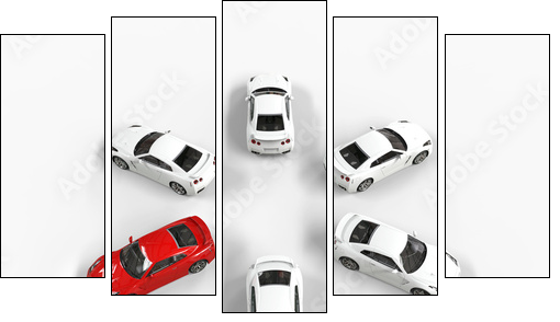 Red car among many white cars - top view - Five-piece canvas print, Pentaptych