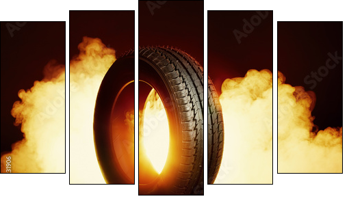 photo of black smoked burning tire - Five-piece canvas print, Pentaptych