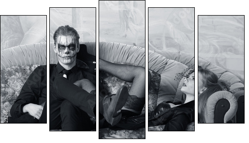 young man and woman on the sofa. makeup in Halloween theme - Five-piece canvas print, Pentaptych