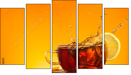 Tea splashing out of glass with orange background - Five-piece canvas print, Pentaptych