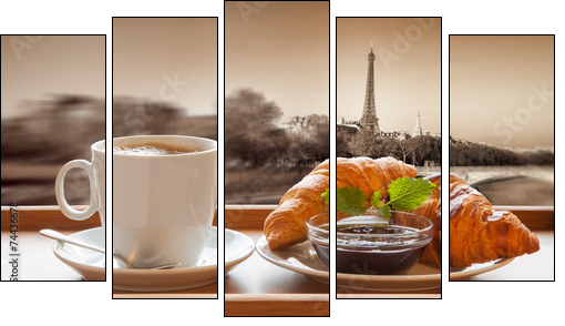 Coffee with croissants against Eiffel Tower in Paris, France - Five-piece canvas print, Pentaptych