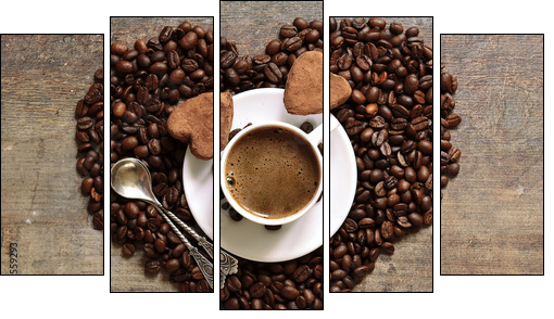 Cup of coffee with heart-shaped chocolate truffles. - Five-piece canvas print, Pentaptych