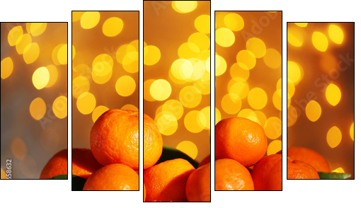 Fresh ripe mandarins on snow, on lights background - Five-piece canvas print, Pentaptych