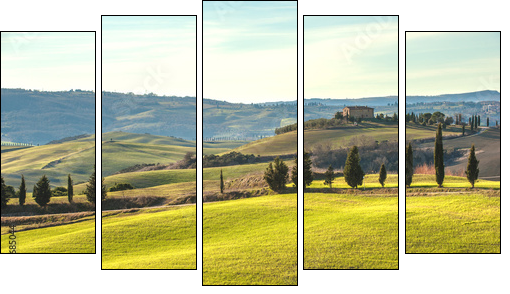 Artistic Tuscan landscape with cypresses, wavy fields and house - Five-piece canvas print, Pentaptych