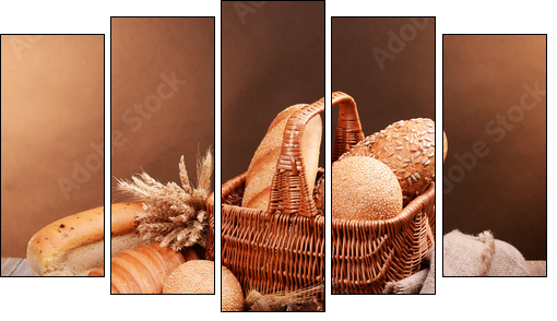 Different bread on table on brown background - Five-piece canvas print, Pentaptych