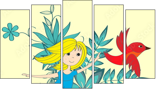 Flying little girl and magical red bird - Five-piece canvas print, Pentaptych