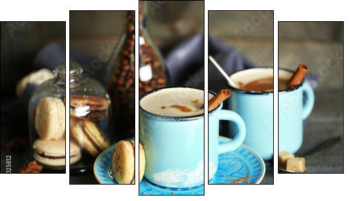 Beautiful composition with tasty cappuccino on wooden table - Five-piece canvas print, Pentaptych