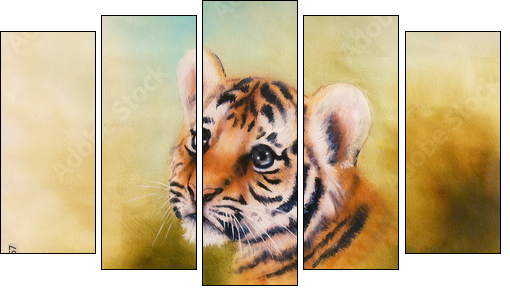 adorable baby tiger head looking out from a green  surroundings - Five-piece canvas print, Pentaptych