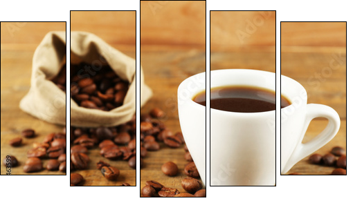 Cup of coffee with beans on rustic wooden background - Five-piece canvas print, Pentaptych