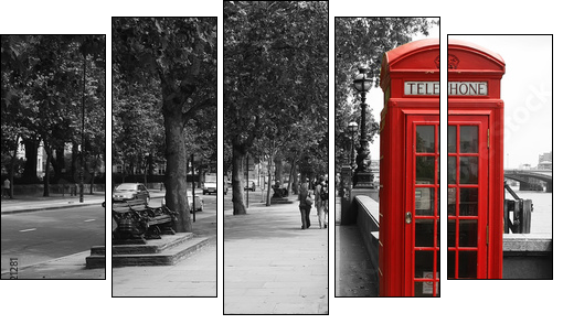 London Telephone Booth - Five-piece canvas print, Pentaptych