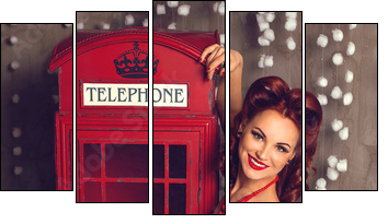 Red hair pin-up woman portrait near telephone booth - Five-piece canvas print, Pentaptych