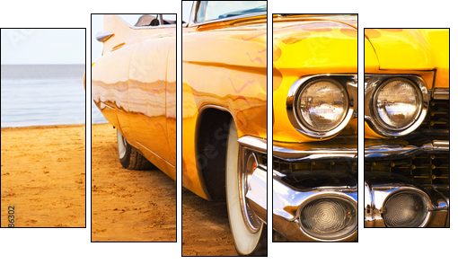 Classic yellow flame painted Cadillac at beach - Five-piece canvas print, Pentaptych