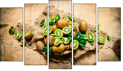 Kiwi fruit in basket with leaves on the old fabric. - Five-piece canvas print, Pentaptych