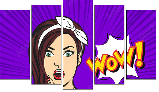 Vector pop art surprised woman face with open mouth and a WOW bubble - Five-piece canvas print, Pentaptych