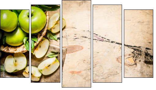 Fresh green apples in the basket with knife . - Five-piece canvas print, Pentaptych